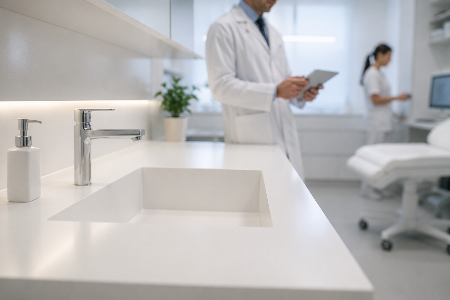 Bancada branca em clínica com médico usando tablet ao fundo